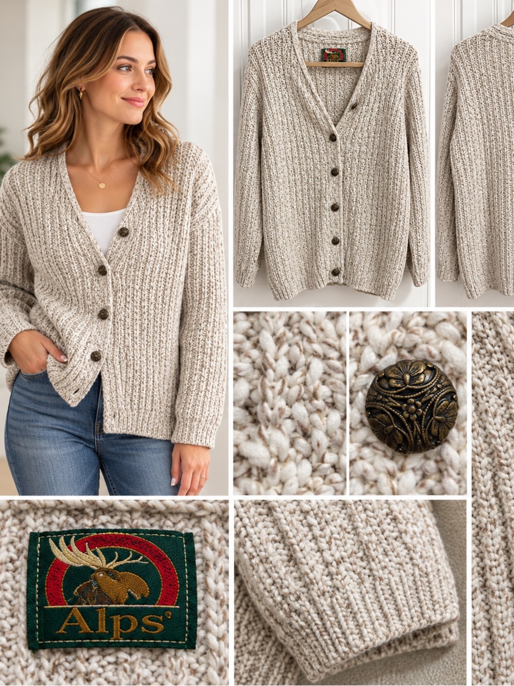 Women’s Alps S Oatmeal Chunky Knit Cardigan Made in USA